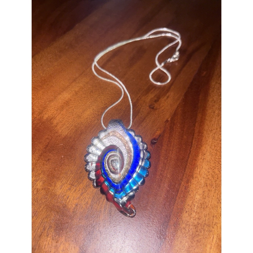 Art Glass Pendant Multicolor Swirl Faceted Leaf With Silver Tone Chain Gorgeous